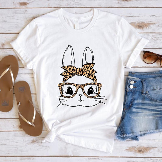 Bunny With Leopard Bandana Shirt, Easter T-shirt, Cute Rabbit With Glasses Tee, Rabbit Lover Gift Tee For Woman, Gift For...