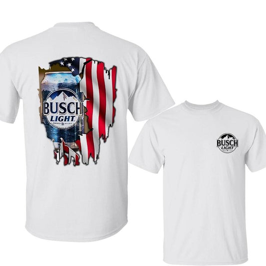 Busch Light American Flag T-Shirt, Custom Scenic Logo, Cotton Unisex, Full Color & Sizes
