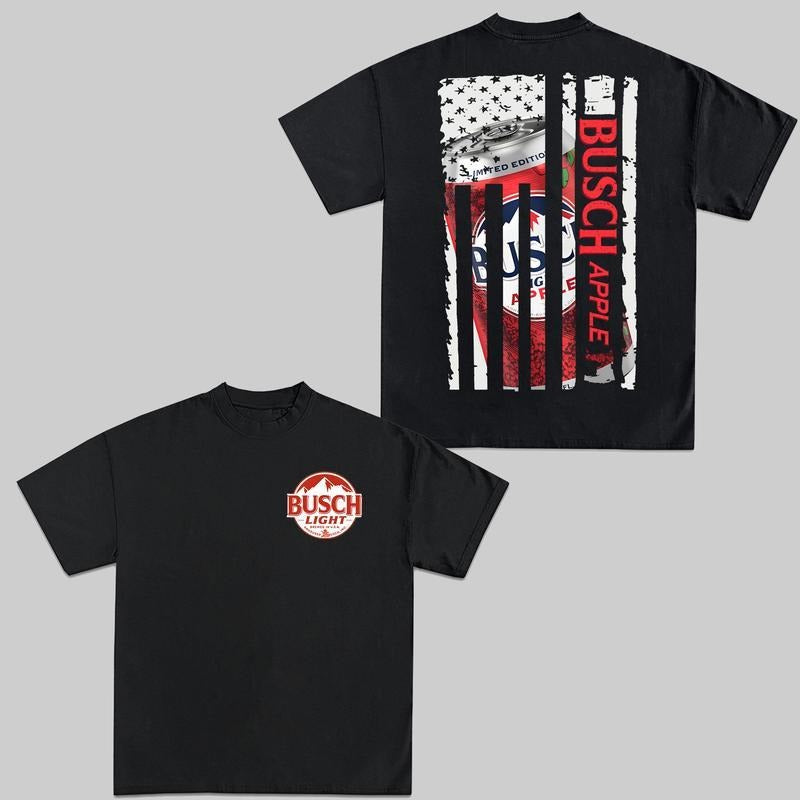 Busch Light Apple US Flag T-Shirt US Fresh Beer Summer 4th of July Drinking 2-Sided Graphic Tees Summer Outfit Menswear Womenswear Casual Unisex