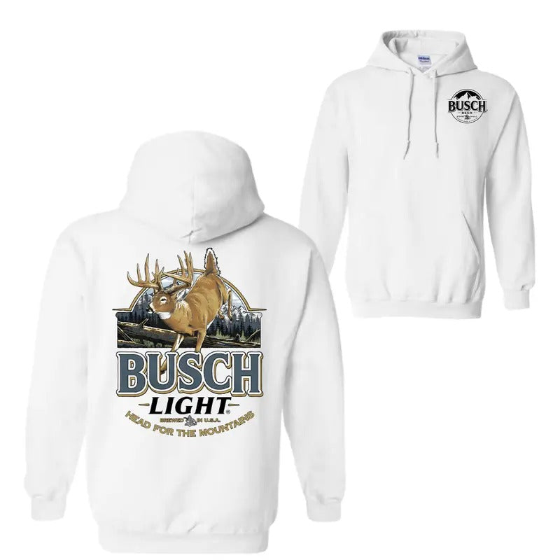 Busch Light Deer Label Hoodie T-Shirt, 2-Sided Vintage Beer Graphic Pullover, Thermal Long Sleeve Top for Hunting & Outdoors, Aesthetic Menswear