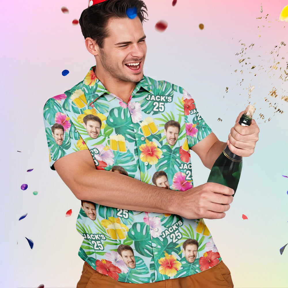 Custom Photo Birthday Shirt Personalized Tropical Plants & Beer Hawaiian Shirts With Age & Name Gift For Birthday