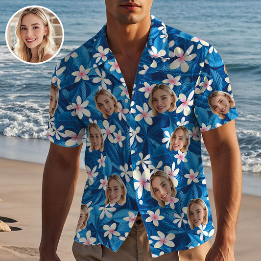 Custom Hawaiian Shirt with Face Personalized Summer White Flower Blue Leaves Shirt Vacation Holiday Gift