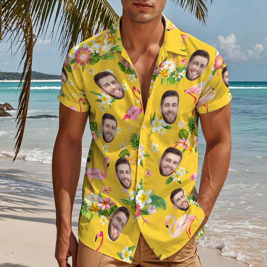 Custom Hawaiian Shirts Face Tropical Plants & Flamingos Aloha Shirt For Him - Yellow