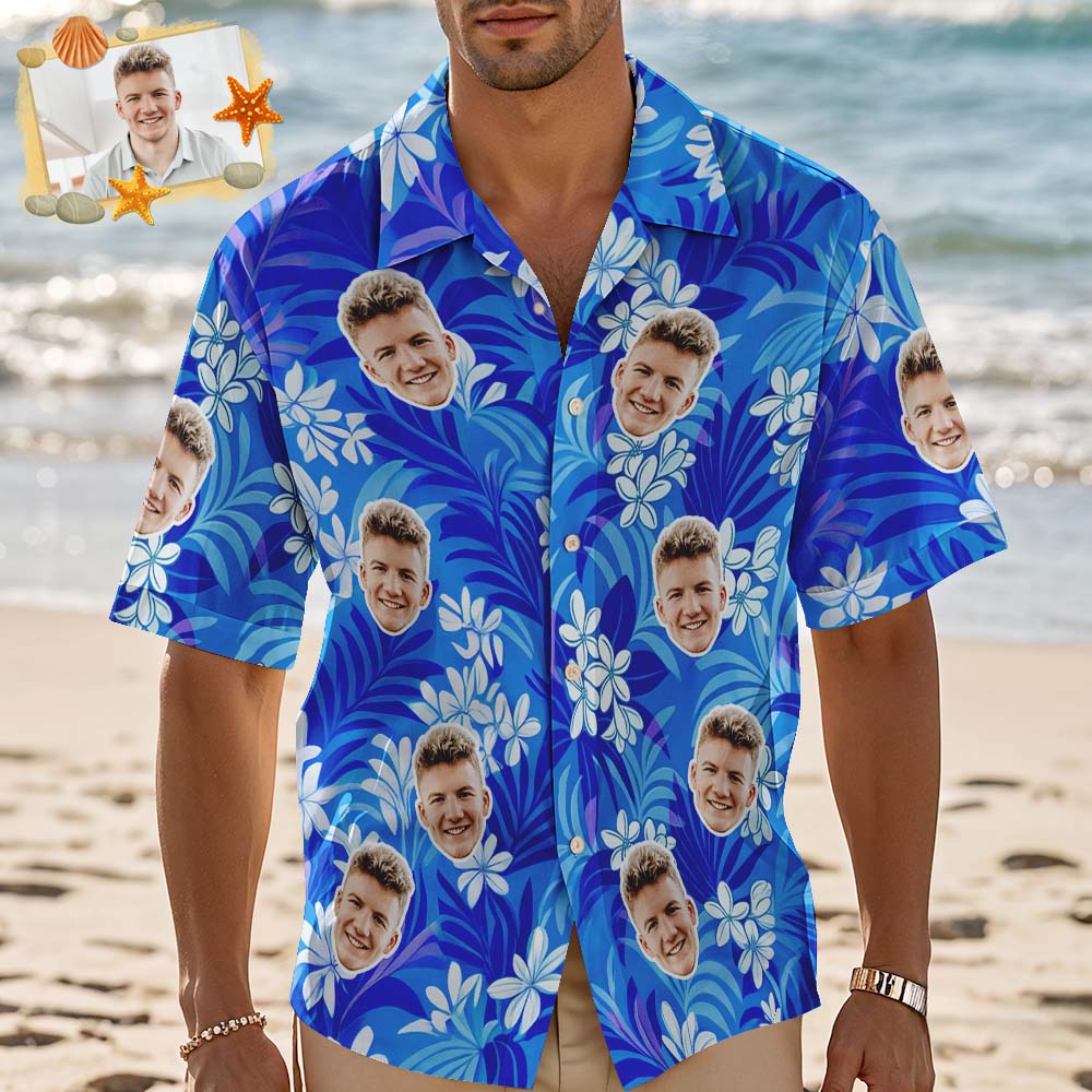 Custom Hawaiian Shirt Blue leaves Personalized Photo Hawaiian Shirt Funny Vacation Party Shirts Custom Hawaiian Shirt Blue leaves Personalized Photo Hawaiian Shirt Funny Vacation Party Shirts - MyPhotoSocks