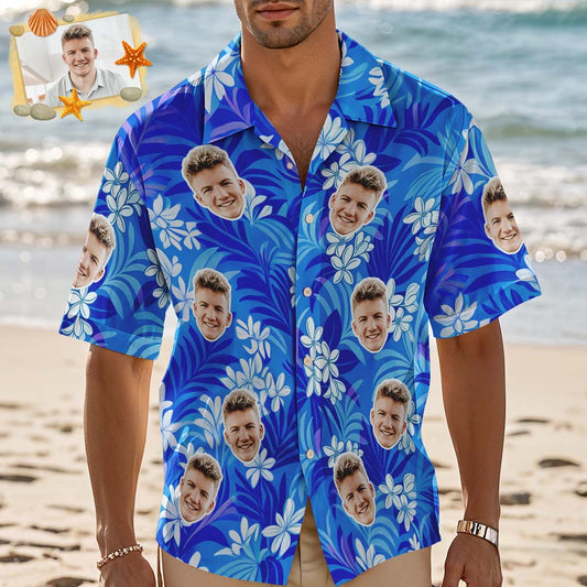 Custom Hawaiian Shirt Blue leaves Personalized Photo Hawaiian Shirt Funny Vacation Party Shirts Custom Hawaiian Shirt Blue leaves Personalized Photo Hawaiian Shirt Funny Vacation Party Shirts - MyPhotoSocks