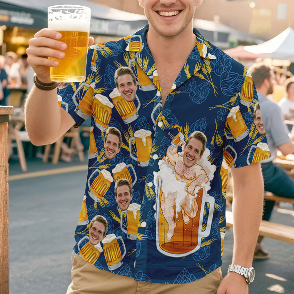 Custom Face Giant Beer Stein Blue Hawaiian Shirt Personalized Beer Lover Shirt for Parties, Festivals or Dad’s Gift