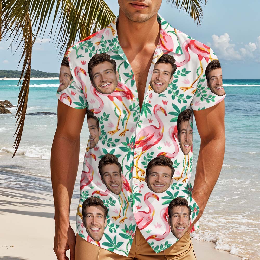 Personalized Face Hawaiian Shirt Funny Flamingo Print Tropical Button Up for Men