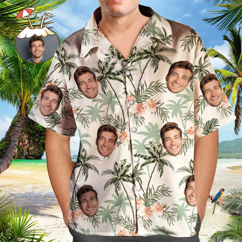 Custom Vintage Hawaiian Shirts Face Beach Shirt Photo & Print Button-Down Shirt With Leaves & Coconut Tree
