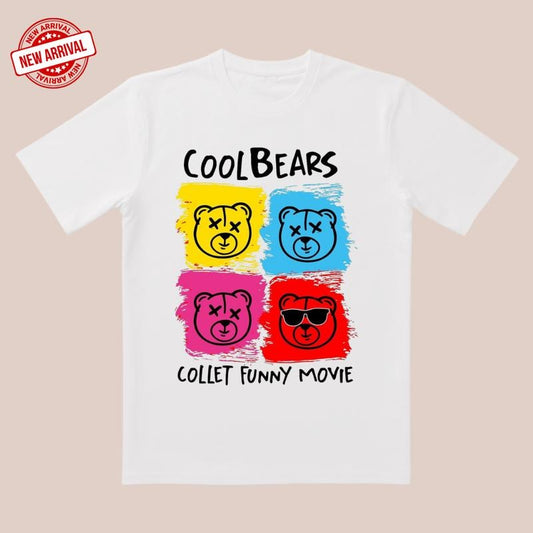 COOLBEARS 4-Color Bear Tee |     Yellow Blue Pink & Red Cartoon Design |     Funny Movie Inspired Casual Wear