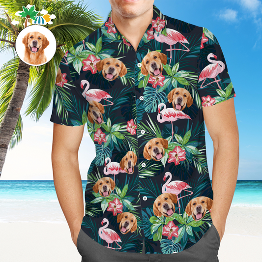 Face on Shirts Custom Hawaiian Shirt with Face Leaves & Flamingo Button Down Shirts