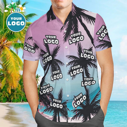 Custom Logo Hawaiian Shirts Sea and Coconut Tree Aloha Beach Shirt For Men