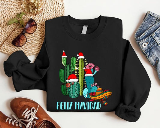 Cactus Feliz Navidad Sweatshirt, Mexican Family Christmas Xmas Sweater, Spanish Merry Christmas Hoodie, Unisex Holiday...