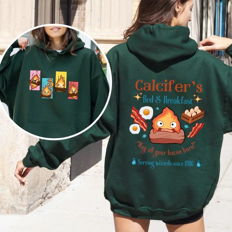 Calcifer 2 Sided Hoodie, Sweatshirt, Tshirt, Howls Moving Castle Shirt, Studio Ghibli, Anime