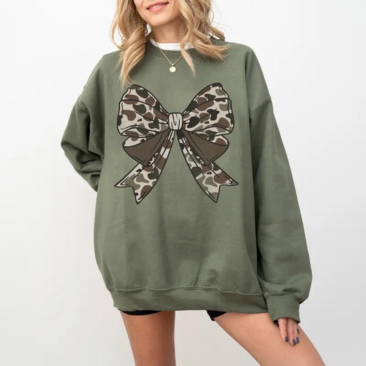 Camo Bow Sweatshirt, Camo Coquette Bow Shirt, Women's Camouflage Bow Shirt, Duck Hunting Tee Hoodie | InkThreadWorks.com