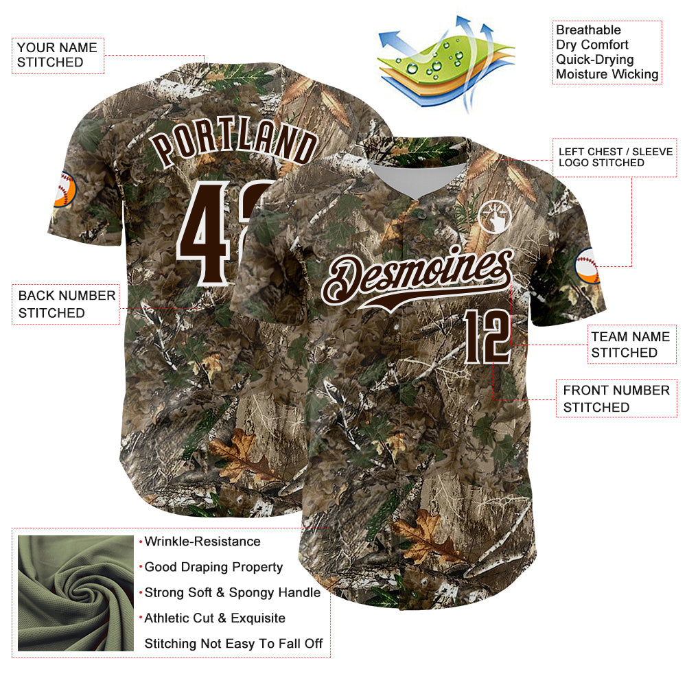 Custom Camo Brown-White Woodland Forest Camouflage Authentic Salute To Service Baseball Jersey