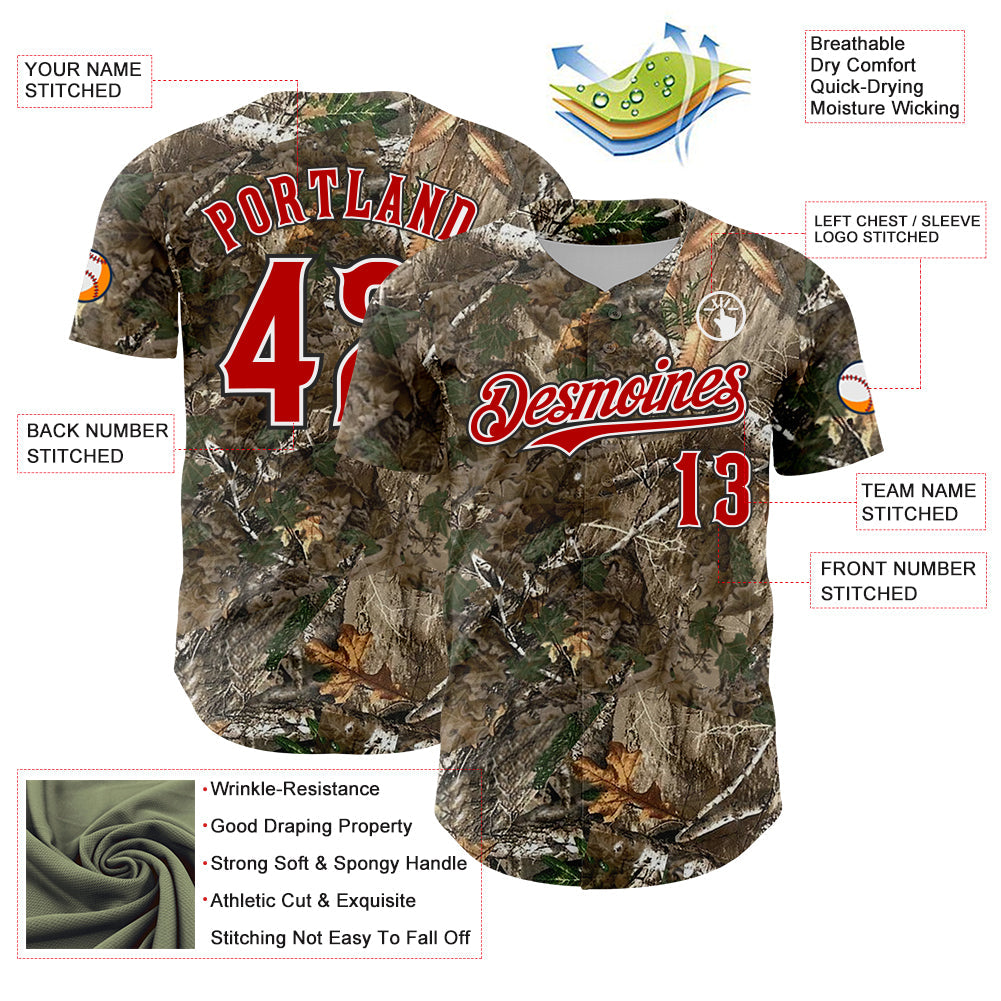 Custom Camo Red White-Black Woodland Forest Camouflage Authentic Salute To Service Baseball Jersey