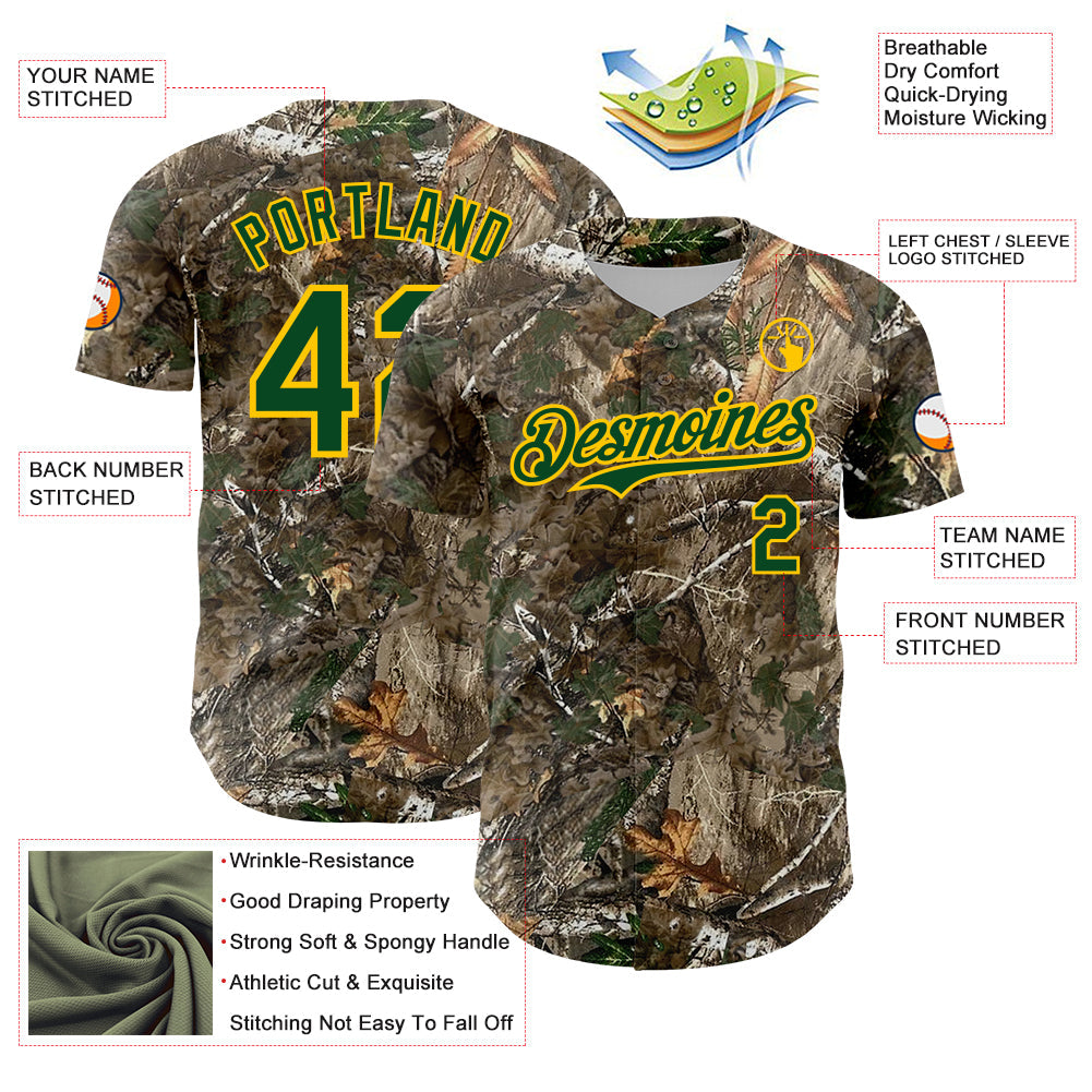 Custom Camo Green-Yellow Woodland Forest Camouflage Authentic Salute To Service Baseball Jersey
