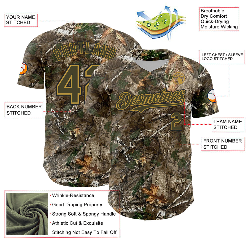 Custom Camo Olive Old Gold-Black Woodland Forest Camouflage Authentic Salute To Service Baseball Jersey