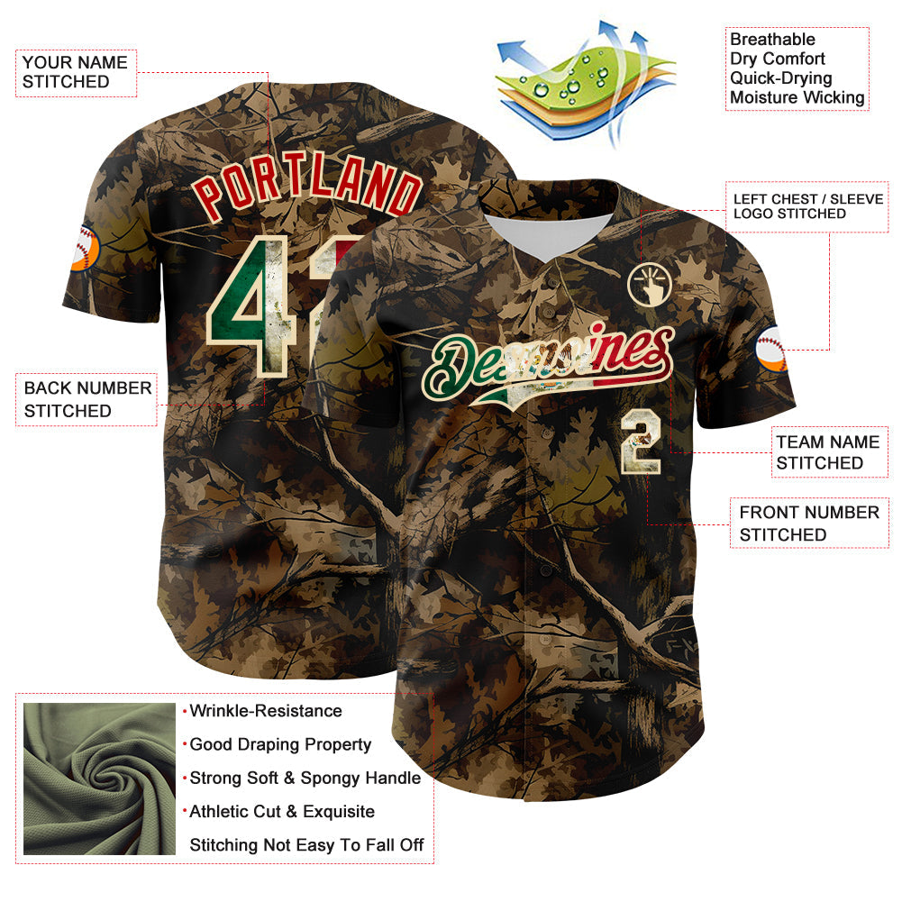 Custom Camo Vintage Mexican Flag Cream-Red Woodland Forest Tactical Camouflage Outdoor Leaf Authentic Baseball Jersey