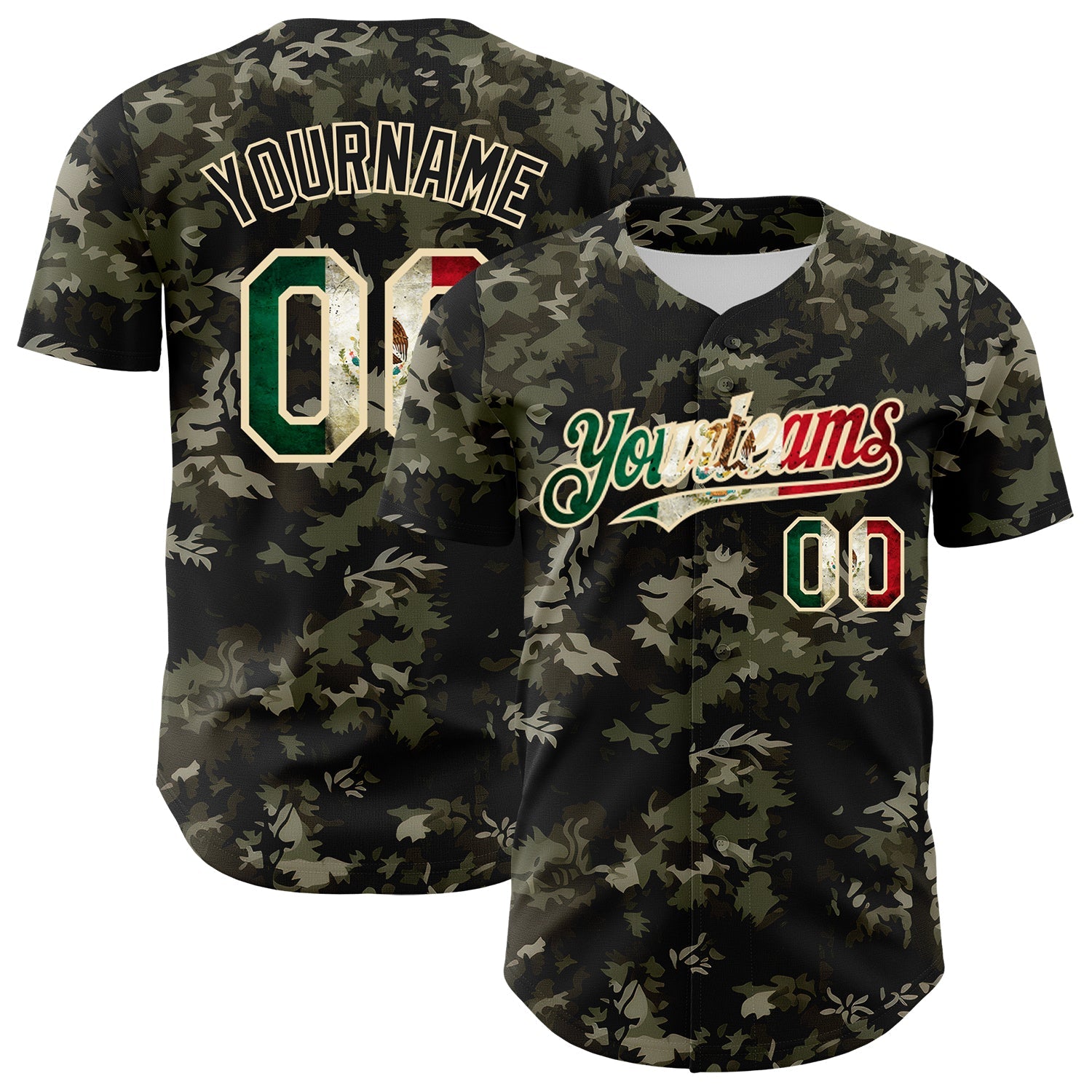 Custom Camo Vintage Mexican Flag Cream-Black Woodland Forest Tactical Camouflage Outdoor Leaf Authentic Baseball Jersey