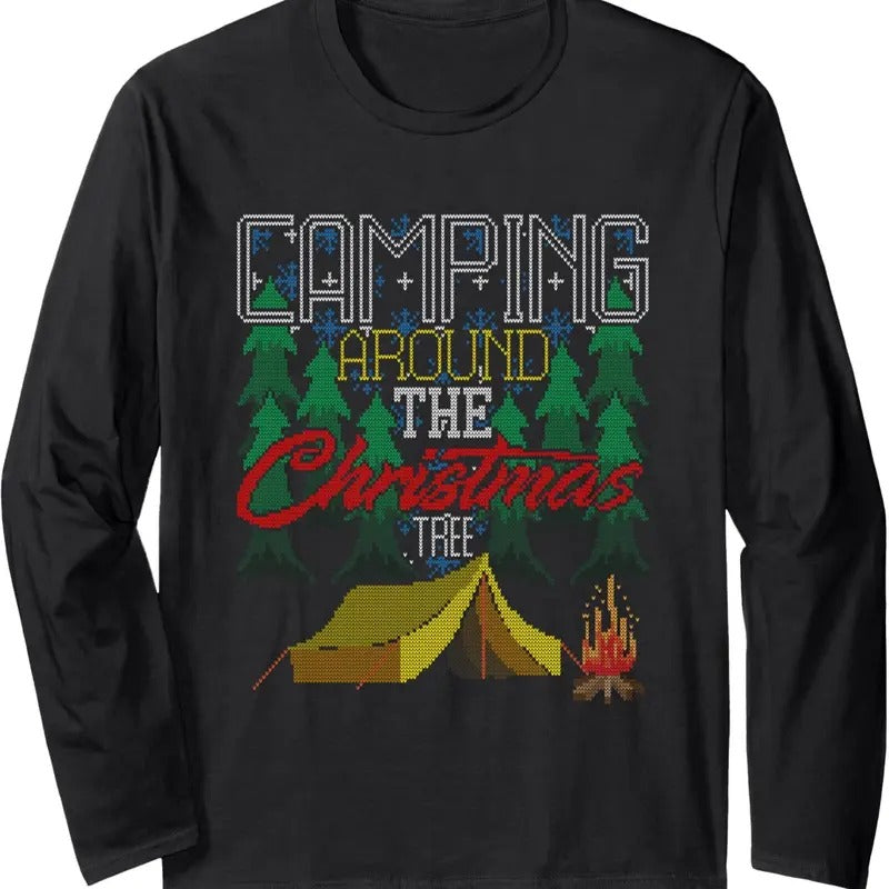 Camping Around The Christmas Tree Tent Camper Ugly Sweater Long Sleeve T-Shirt Hoodie, Sweatshirt | InkThreadWorks.com