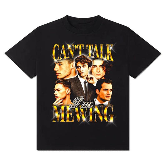 Can't Talk I'm Mewing T-Shirt! Cotton Casual Crew Neck Slim-fitting Plain Floral Striped Black Menswear Soft 3000 BC...