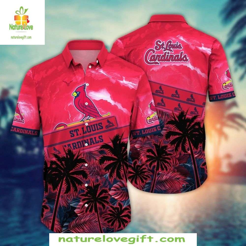 MLB Hawaiian Shirt Cardinal Red Sunset Palms St Louis Aloha Baseball Apparel