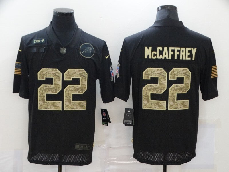 Carolina Panthers #22 Christian McCaffrey 20 Salute Camo Text 606
