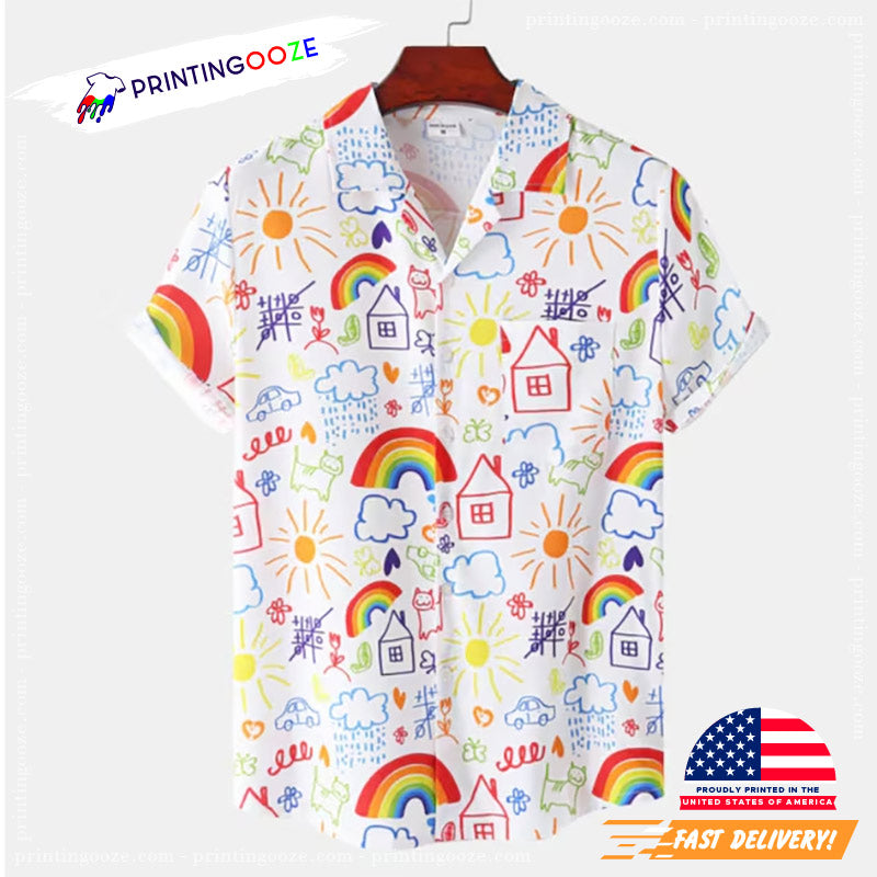 Cartoon Rainbow Doodle Print Funny Hawaiian Shirts