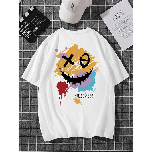Casual Round Neck Short Sleeve T-shirt with Smiling Print for Men Summer Tees Menswear Hoodie, Sweatshirt