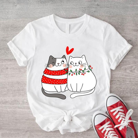 Cat Couple Shirt, Valentines Day Cat Owner T-shirt, Cats Lover Gift Tee, Gift For Girlfriend, Cat Hearts Short Sleeve,...