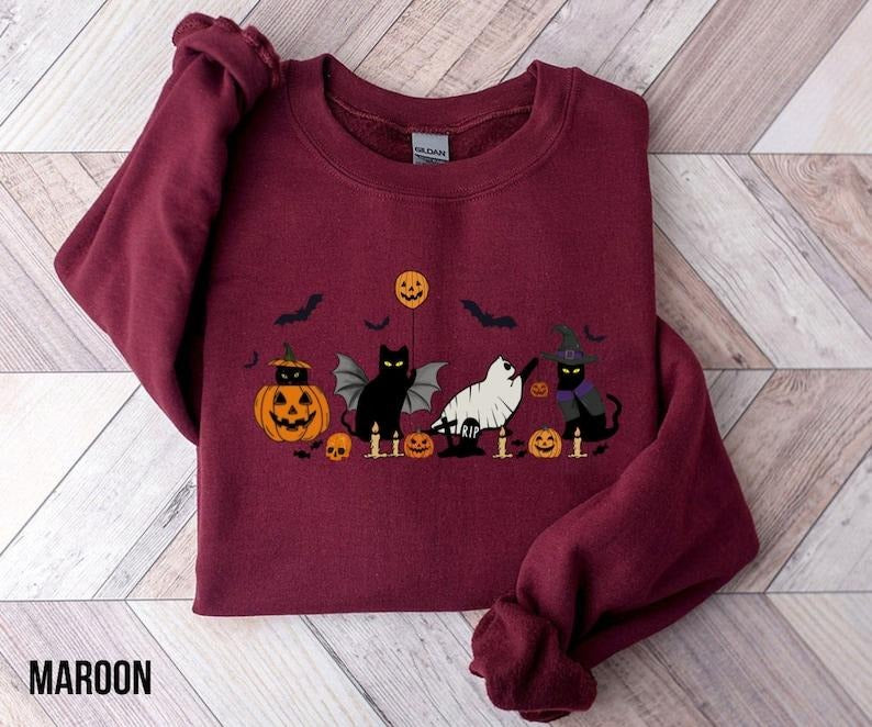 Cat halloween sweatshirt, ghost cat shirt, Halloween Sweater, Halloween Cat Shirt, Cat Lover Shirt, Black Cat Shirt,...