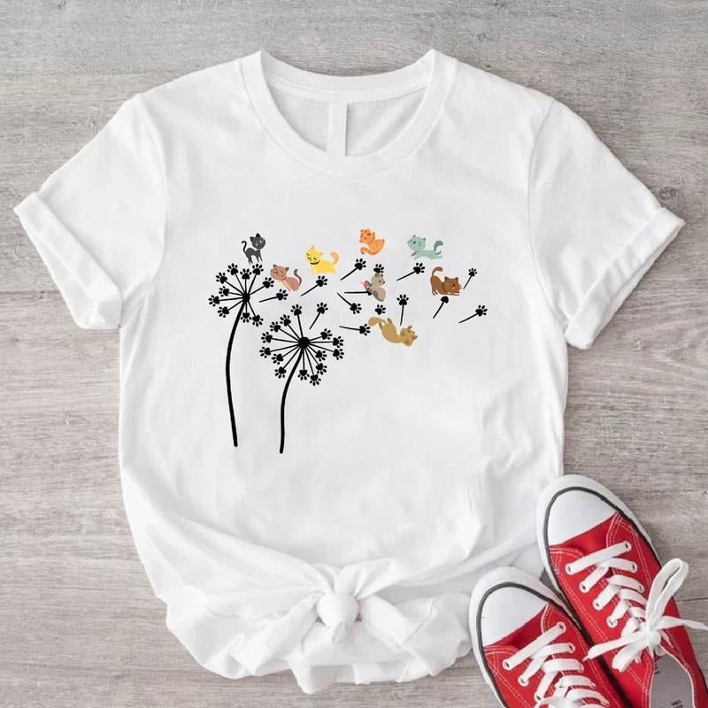 Cats Flower Fly Dandelion T-Shirt, Cute Cat Lover Shirt, Cat Dandelion Tee, Pet Owner Birthday Gift Tee, Cute Paws Shirt....