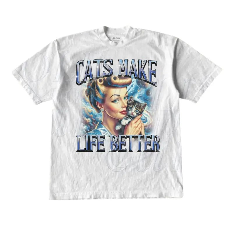 Cats Make Life Better Retro Graphic T-Shirt, Vintage 1940 Pop Women Cat T Shirt, Vintage Kitten Lovers Shirt, Nostalgia Cat Bootleg Shirts