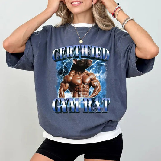 Certified Gym Rat Comfort Colors Shirt, Funny Vintage 90s Style Graphic Tee, Unisex Gymer Unhinged Tees, Funny Gym Meme Rap Tee Style T-shirt