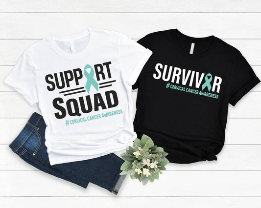 Cervical Cancer Awareness Shirt, Cervical Cancer Survivor Gift T-shirt, Matching Support Squad Tee, Teal Ribbon Tee,...