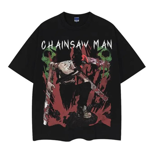Chainsaw Man "Denji" Heavyweight Vintage Tee 100% Cotton OVERSIZED Anime T-shirt Menswear Top Casual Streetwear Black Baggy Overshirt Tshirt