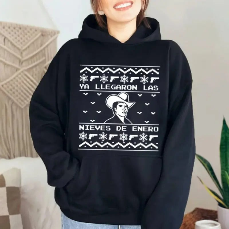 Chalino Black Crew Neck Holiday Sweatshirt, Ya Llegaron Las Bieves De Enero Ugly Shirt, Unisex Sweater Pullover Tee Hoodie