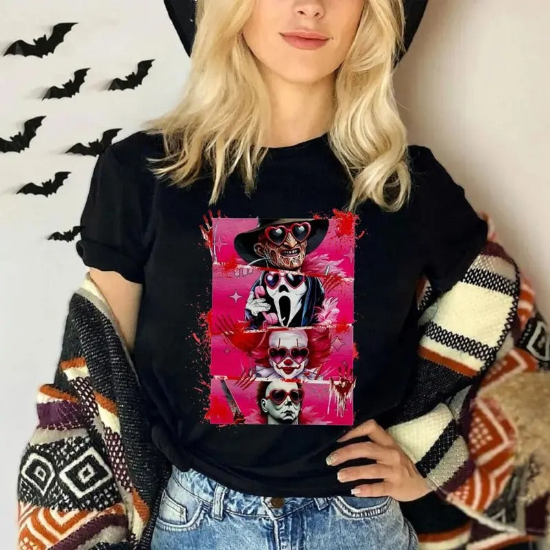 Character Horror Movies Shirt, Kwaii Character Glass Pink Halloween Shirt, Halloween Shirt, Horror Friends Shirt, Halloween Shirt, Unisex Short Sleeve Tee Shirt, Casual Clothing Top Womenswear Women Lady