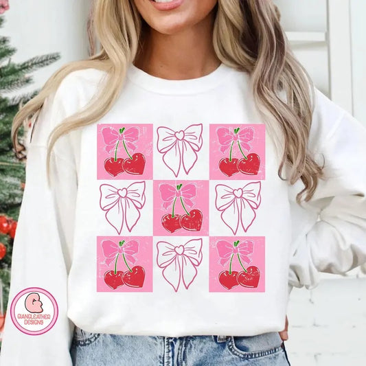 Checked Cherry coquette Sweatshirt, Love you cherry much Sweatshirt, pink valentine coquette Sweatshirt, valentine...