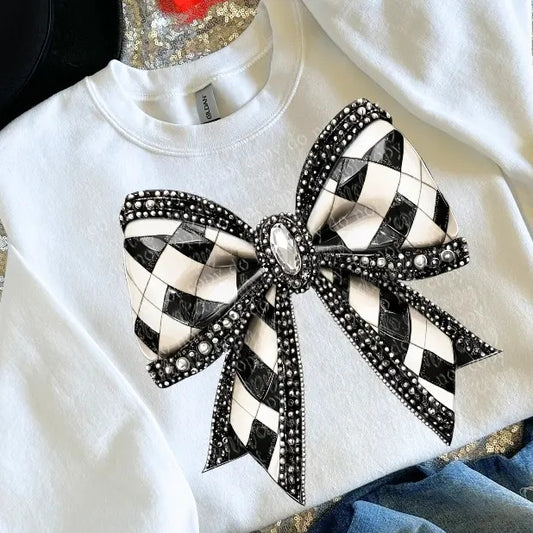 Checker Bow Faux Rhinestone DTF Transfers - THIS IS NOT A SHIRT Hoodie, Sweatshirt | InkThreadWorks.com
