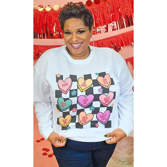 Checkerboard Conversation Hearts Graphic Sweatshirt
