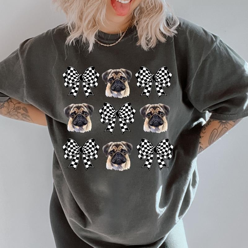 Checkered Bows & Pug Shirt ~ Unisex Apparel Relaxed Fit Printed In The USA Clothing Womenswear Casual Comfort Cotton Boho...
