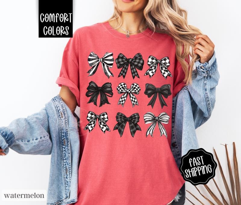 Checkered Bows Shirt Comfort Colors, Coquette Black Bow Tshirt, Cute Women's Tee Hoodie, Sweatshirt | InkThreadWorks.com