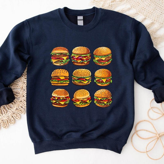 Cheeseburger Sweatshirt, Hamburger Lover Gift Hoodie, Burger Birthday Gift Sweater, Foodie Friend Gift Long Sleeve, Unisex Burger Graphic Sweatshirt.
