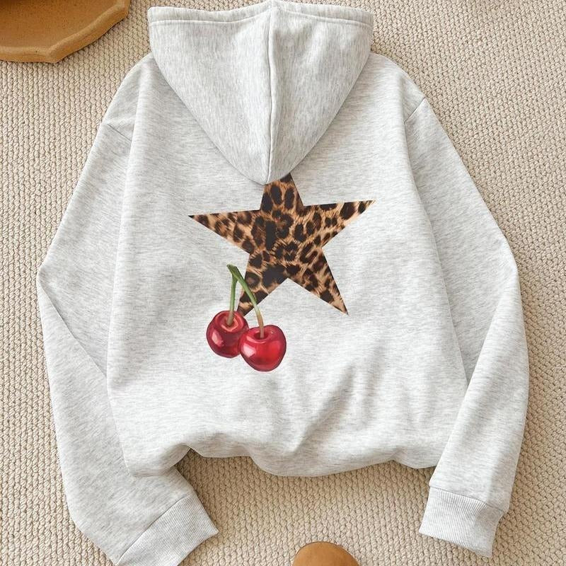 Cherry & Star Print Hoodie, Fashion Casual Hooded Sweatshirt for Daily Holiday Outdoor Wear, Women Clothing for Fall &...