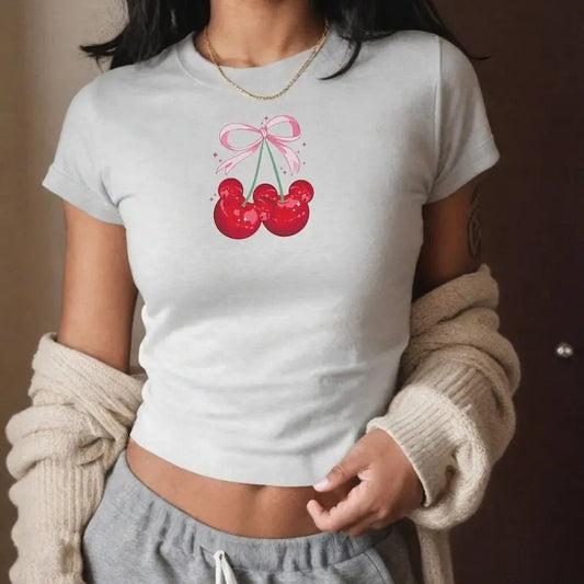Cherry Mouse Coquette Baby Tee, Bow Womens Y2K 90s Shirt Princess Aesthetic Top, Trendy Family Vacation Outfit, Soft Girl...