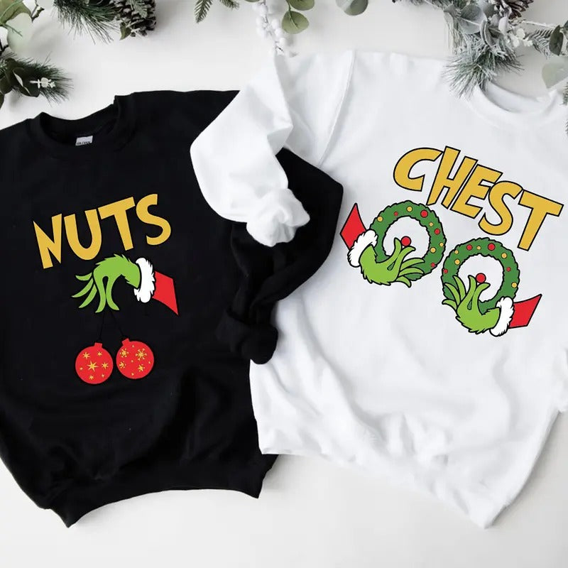 Chest Nuts Couples Matching Sweatshirts, Christmas Humor, Family Holiday Tee, Funny Saying, Couple Sweater, Christmas...