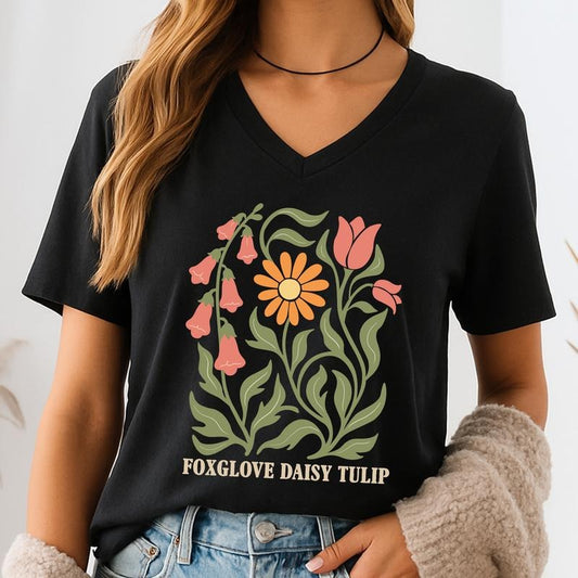 ChicCotton Subtle FDT Vintage V-Neck Shirt, Foxglove Daisy Tulip T-shirt, Sarcastic Boho Floral Graphic Tee, Liberal Feminist Clothing