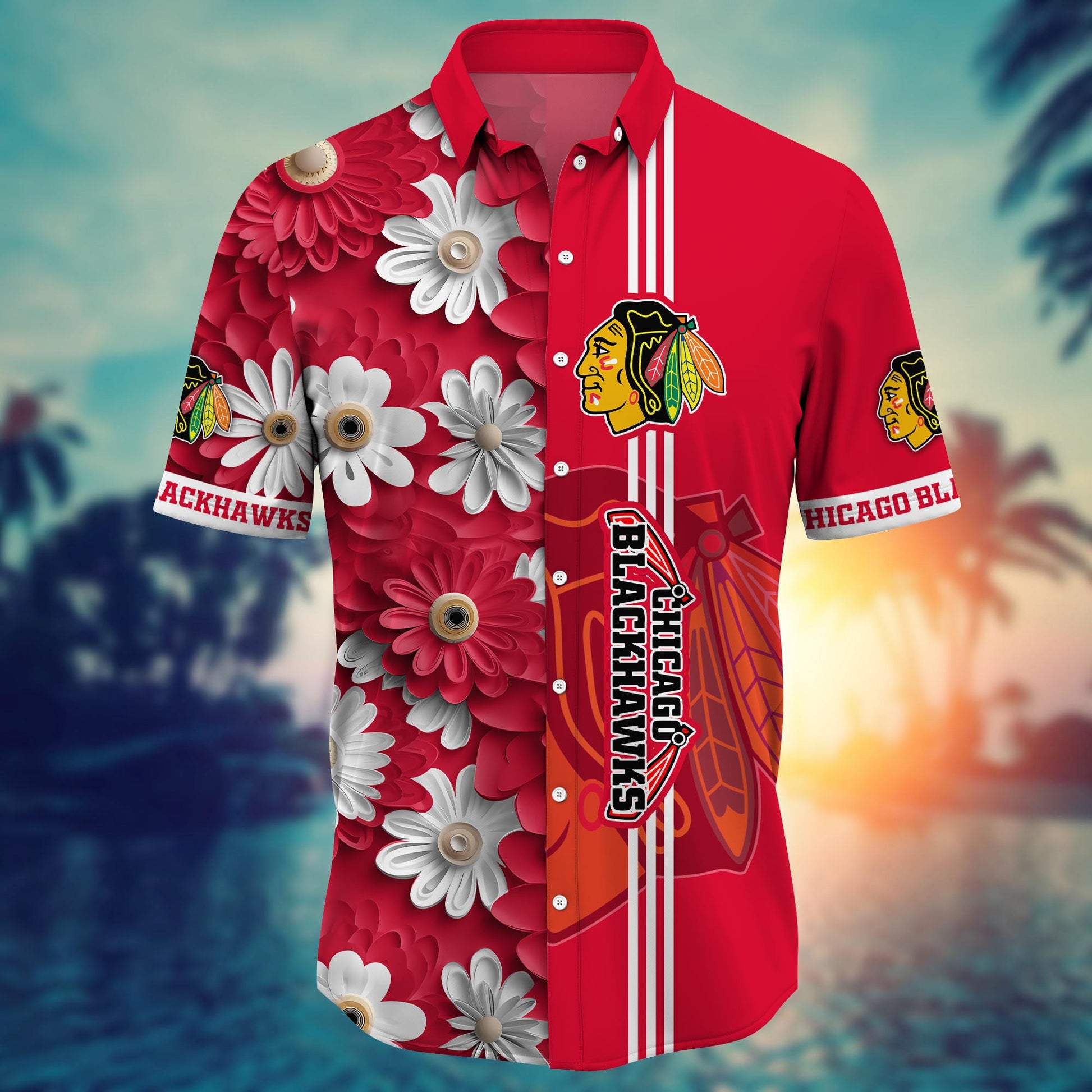 Chicago Blackhawks Hawaiian Shirt Daisy Stripe Design 198922